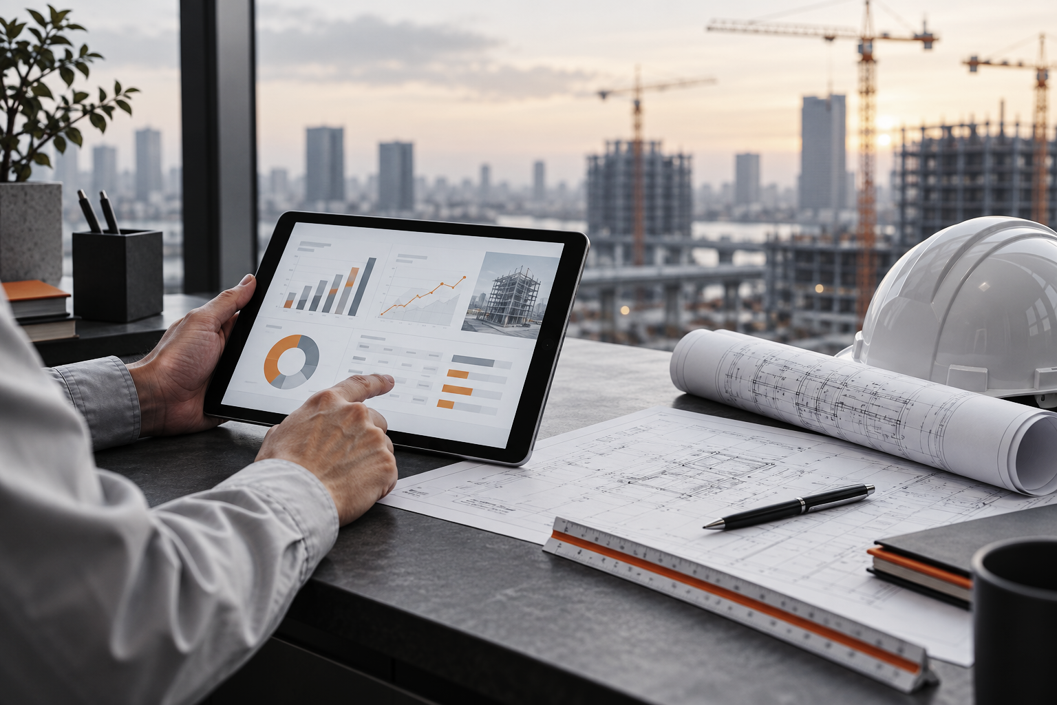 建設現場を背景に業務管理システムのタブレットを操作する様子