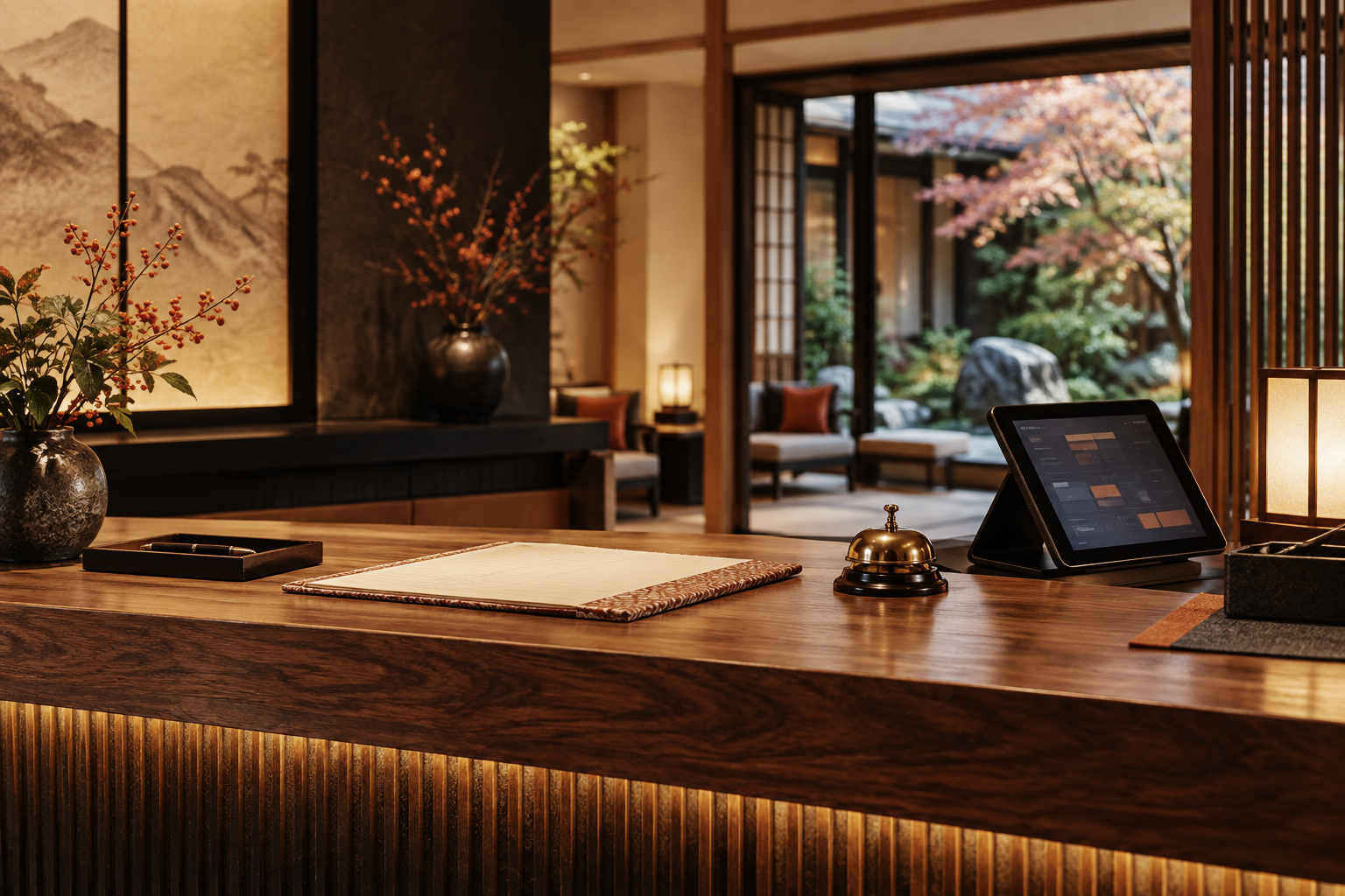旅館フロントカウンターと業務用タブレット