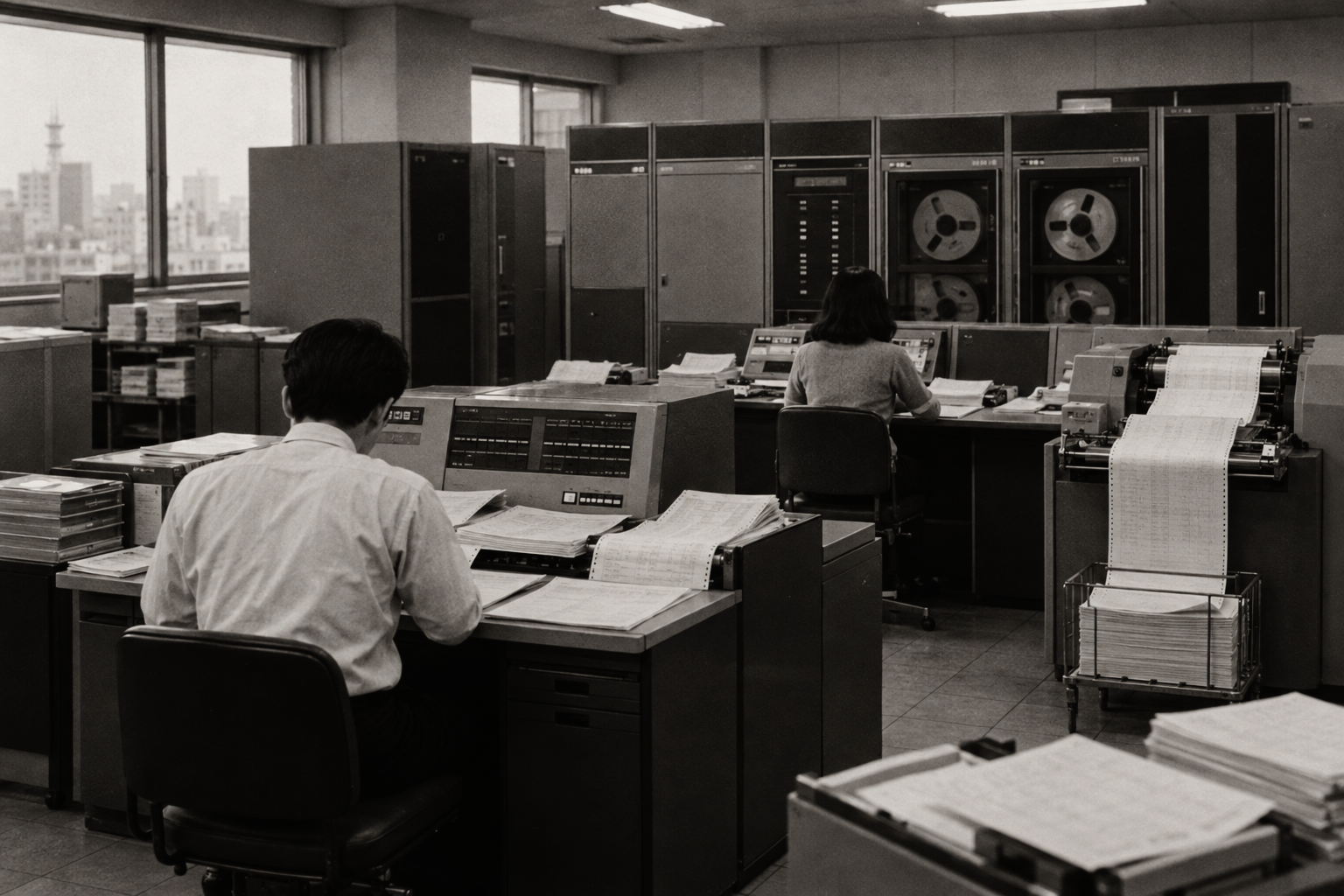 1970年代当時の雰囲気を再現したコンピューター室のイメージ